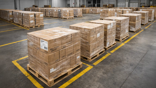 Multiple stretch-wrapped pallets of cardboard boxes arranged in organized warehouse lanes with yellow floor markings for outbound shipment readiness