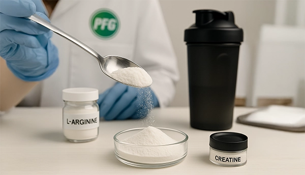 A stainless spoon pours fine creatine powder into a glass dish beside jars labeled L-Arginine and Creatine, with a black shaker bottle and a technician wearing a PFG-branded lab coat in the background, representing athletic-grade supplement blending and formulation.