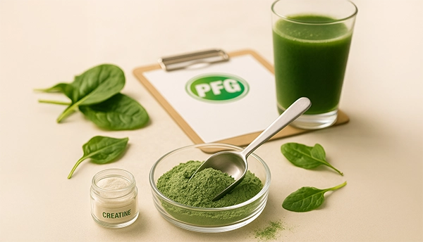 A glass dish of vibrant green supergreens powder with a stainless scoop, fresh spinach leaves, and a green wellness drink on a bright studio surface, with a PFG-branded clipboard in the background representing clean-label superfood formulation and wellness products.