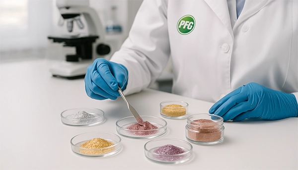 A lab technician in a white coat with a PFG logo and blue gloves uses a stainless spatula to mix shimmering mica-based pearlescent powders in gold, silver, rose, and violet within glass petri dishes on a clean white lab surface, with laboratory equipment softly blurred in the background.