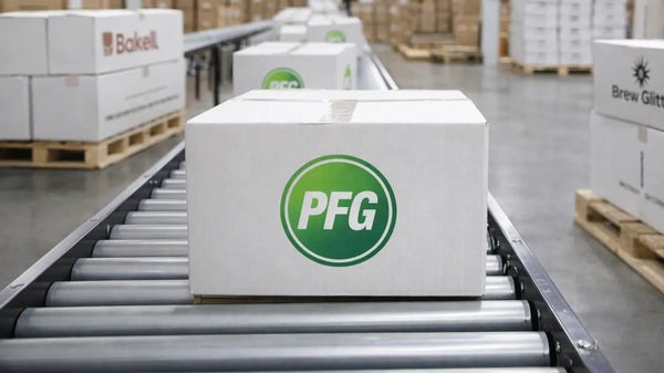 Clean warehouse environment with PFG-branded cartons moving along a conveyor system, illustrating a structured production backbone supporting multiple consumer brands
