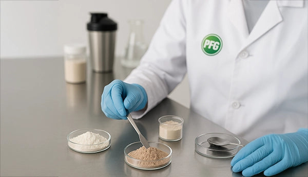 A lab technician wearing a white coat with a PFG logo and blue gloves examines protein powder samples in glass dishes using a stainless spatula, with white, beige, and chocolate powders on a clean stainless surface in a modern R&D laboratory.