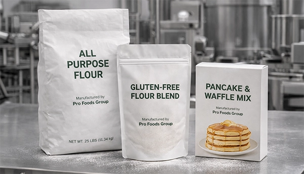 Bulk all-purpose flour bag, gluten-free flour stand-up pouch, and pancake and waffle mix carton displayed on a stainless steel surface in an industrial facility, each labeled “Manufactured by Pro Foods Group,” representing scalable private label packaging options for specialty flours and baking mixes.