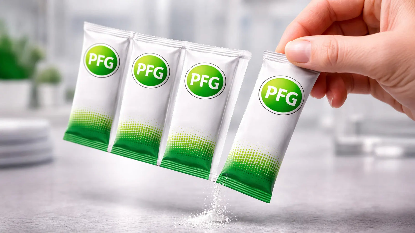 Close-up of a Pro Foods Group perforated strip with a single packet being torn away, clearly showing the detailed perforation line and clean separation while powder gently disperses from the opened edge