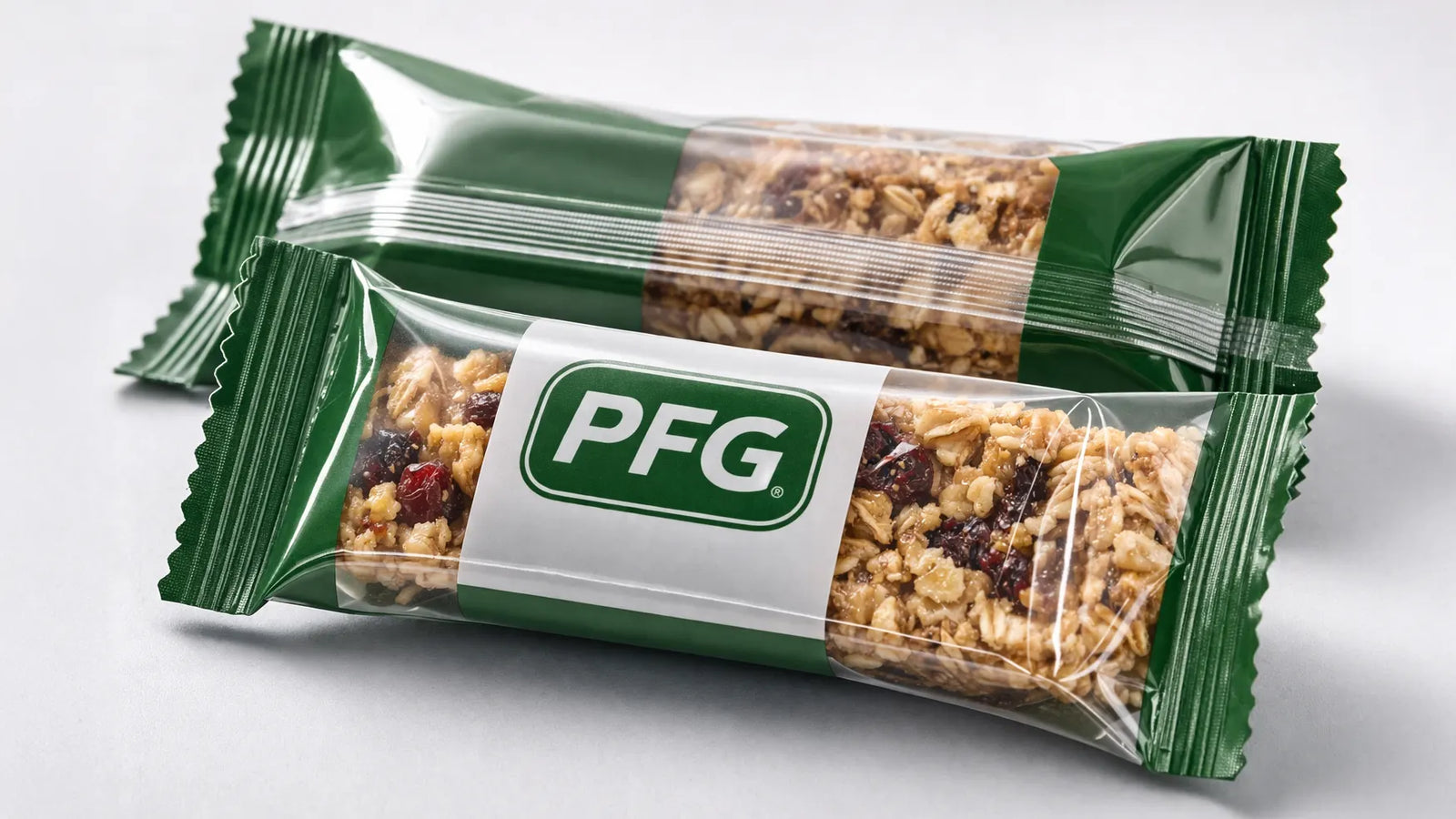 Close-up of two PFG pillow pack granola bars showing crimped end seals and center fin seal with clean retail-ready packaging on a neutral background