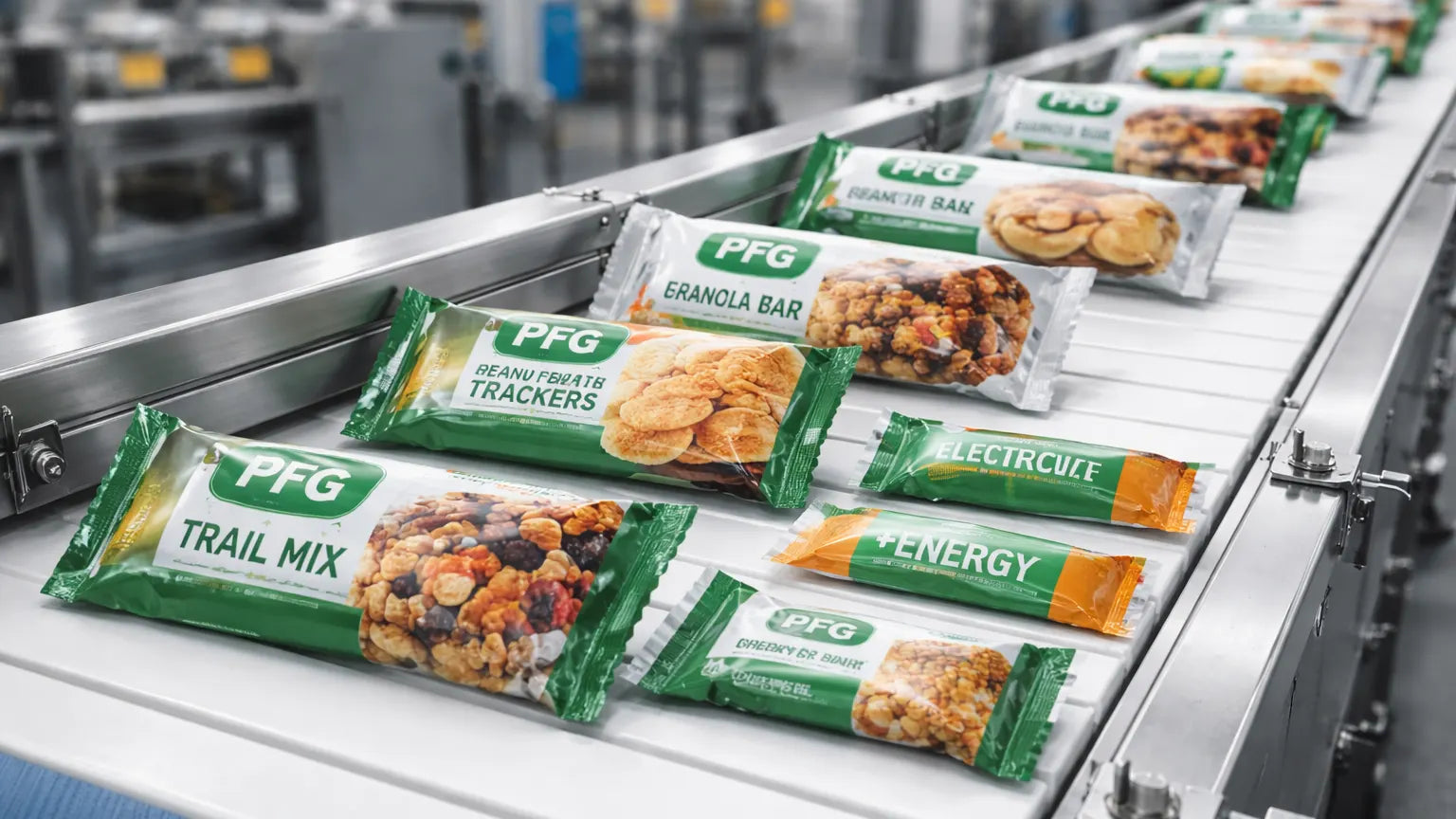 Flow-wrapped pillow pack products with crimp-sealed ends moving along a conveyor, showcasing flexible packaging designed for consistent sealing and retail-ready presentation