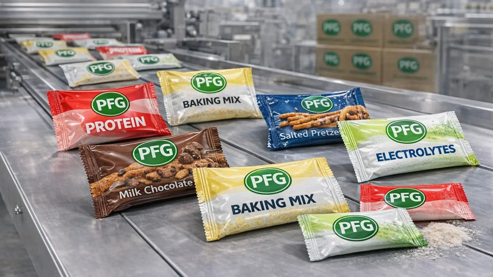 Assorted pillow pack pouches filled with dry food products and powders arranged on a stainless steel production surface, showcasing sealed packaging formats used for snacks, baking mixes, drink powders, and single-serve applications in a commercial manufacturing environment