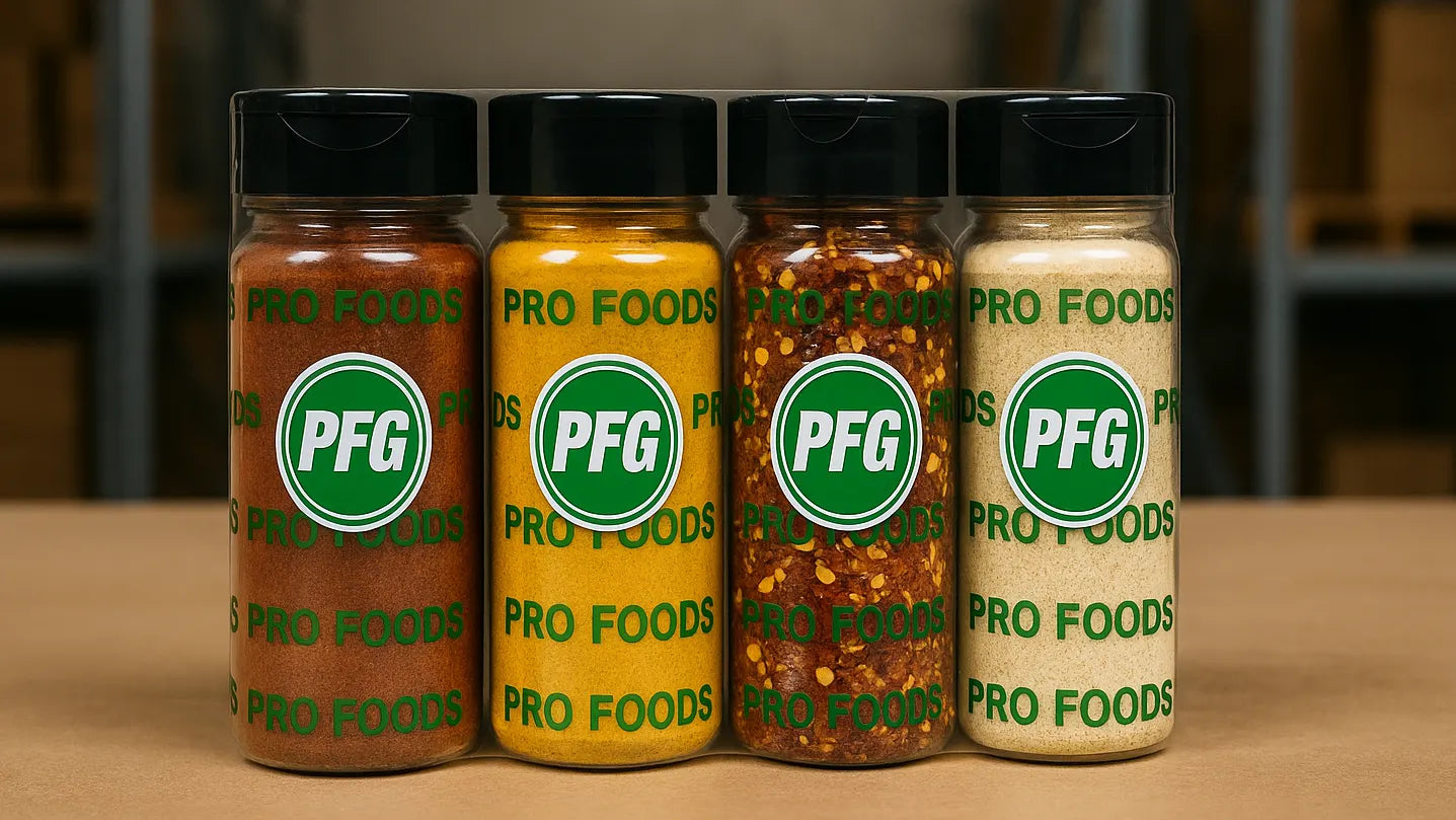 Clear plastic bottles filled with spices and seasonings with black caps and PFG branding displayed in a retail-ready lineup