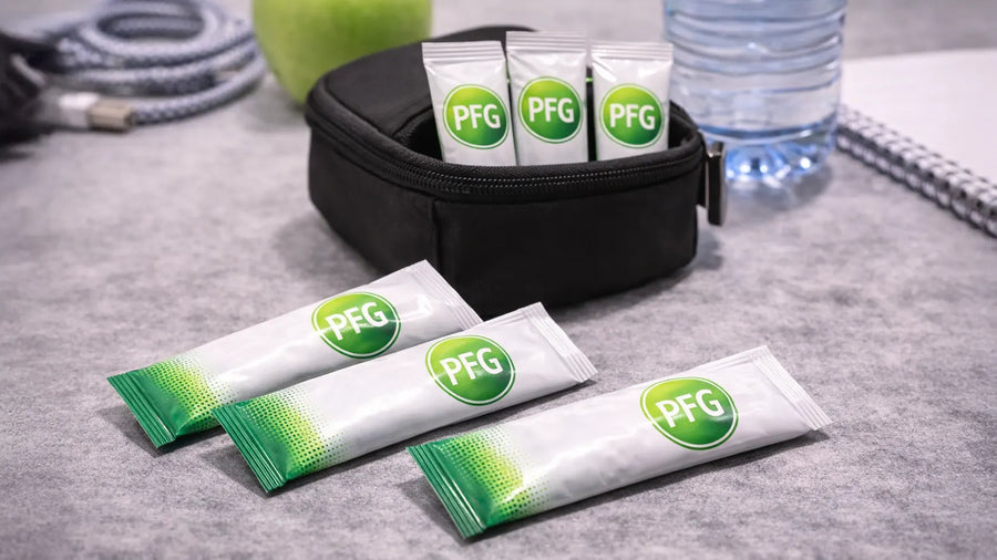 Slim Pro Foods Group stick packs arranged beside a compact travel pouch with a water bottle and everyday items, highlighting lightweight, portable single-serve packaging for convenient use on the go