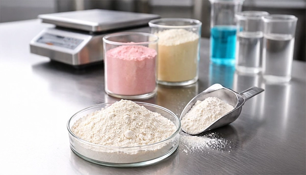 Pre-workout and energy powder being dispensed into a stainless-steel mixing vessel with digital batch controls and small canisters nearby inside the Pro Foods Group manufacturing facility, illustrating precise dosing, controlled blending, and performance-focused production.