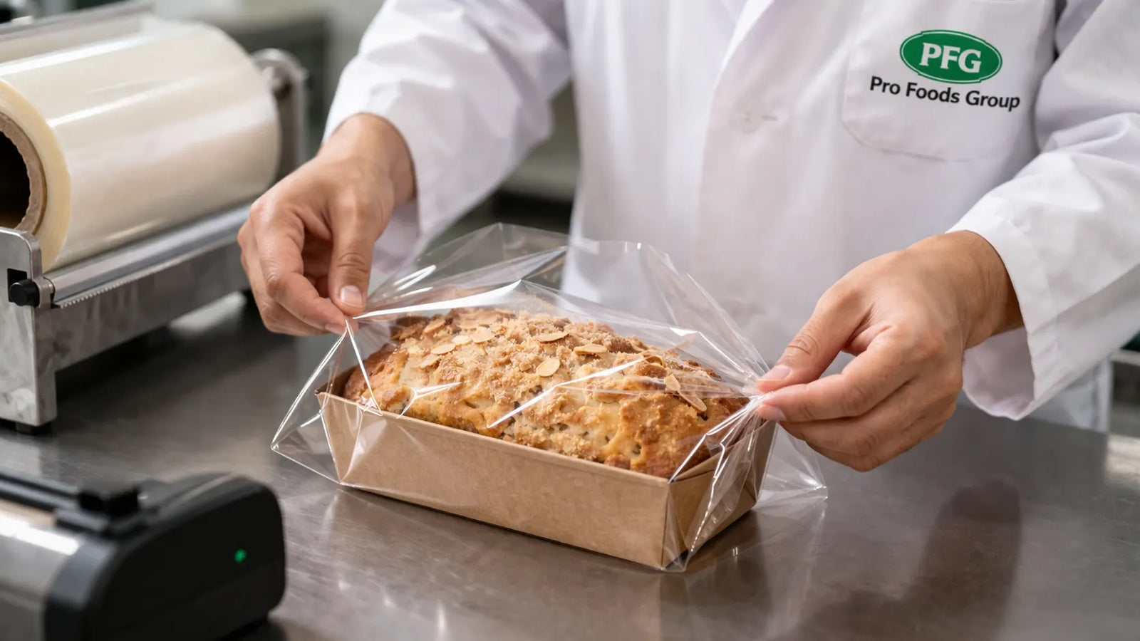 Hands carefully folding and sealing clear cello film around a bakery product on a stainless steel work surface in a packaging environment