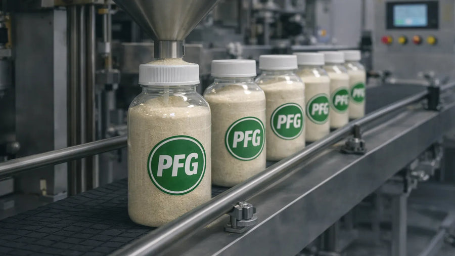 Automated bottle filling line dispensing powder into clear plastic bottles with PFG labels on stainless steel conveyor system
