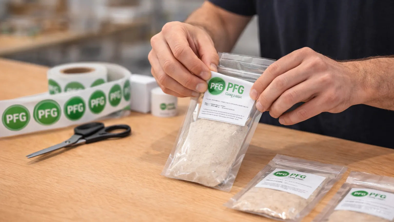 Close-up of worker applying Pro Foods Group label to a sealed pouch containing powder during sampling and kitting process on a clean packaging workstation