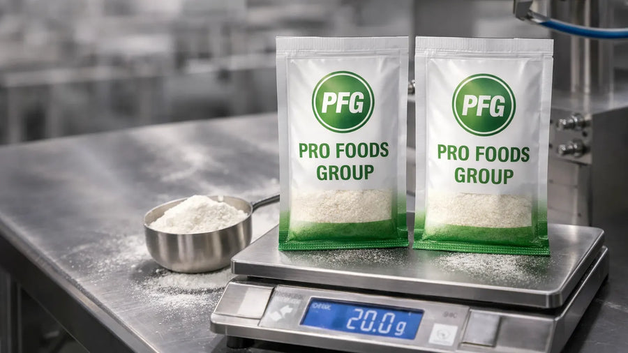 Two Pro Foods Group sachet packets being filled with powder on a digital scale in a stainless steel production environment, demonstrating precise portion control and consistent fill weights
