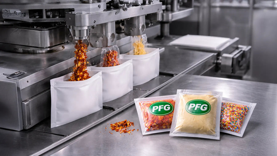 Automated side seal packaging line accurately dispensing dry ingredients into pouches, with filled sachets of spices and powders displayed in the foreground on a stainless steel production surface.