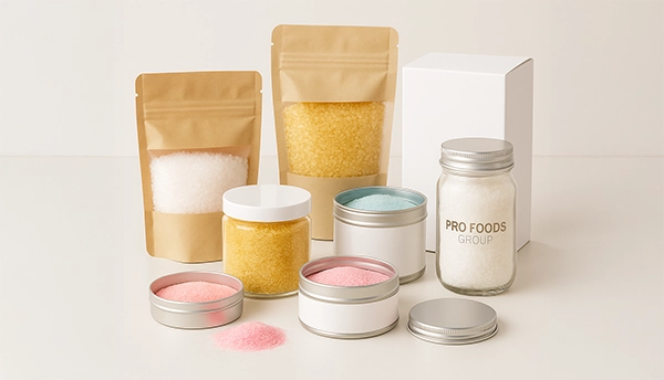 Studio display of colorful salts and sugars in jars, tins, and pouches, including pink, white, gold, and blue tones, with Pro Foods Group branding on a jar representing private label salt and sugar development for brands.