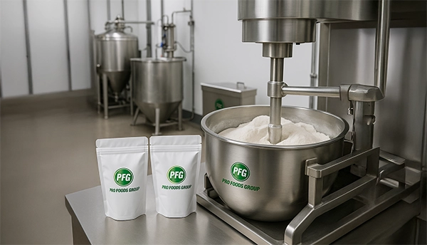 Industrial food blending scene at Pro Foods Group featuring stainless steel mixers, sealed white pouches, and precise powder blending equipment in a clean, food-grade facility.