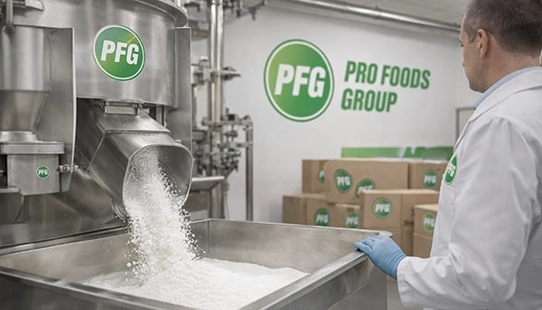 Industrial-scale electrolyte powder production at Pro Foods Group facility with stainless steel blending equipment, technician supervision, and branded PFG packaging in background.