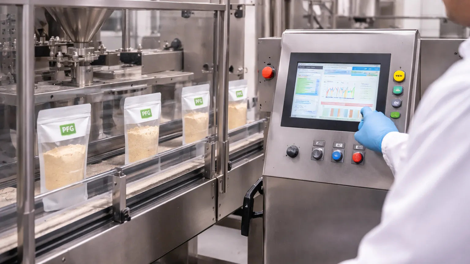 Technician operating a control panel beside an automated packaging line, monitoring production of sealed powder pouches in a clean and controlled manufacturing environment