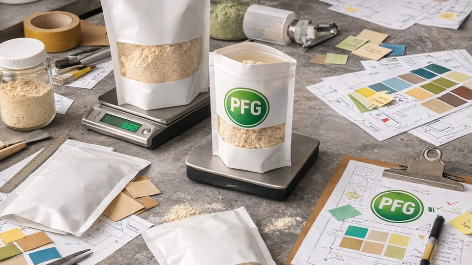 Multiple powder pouch prototypes on a development worktable with scales, design sketches, and material samples showing packaging testing and validation