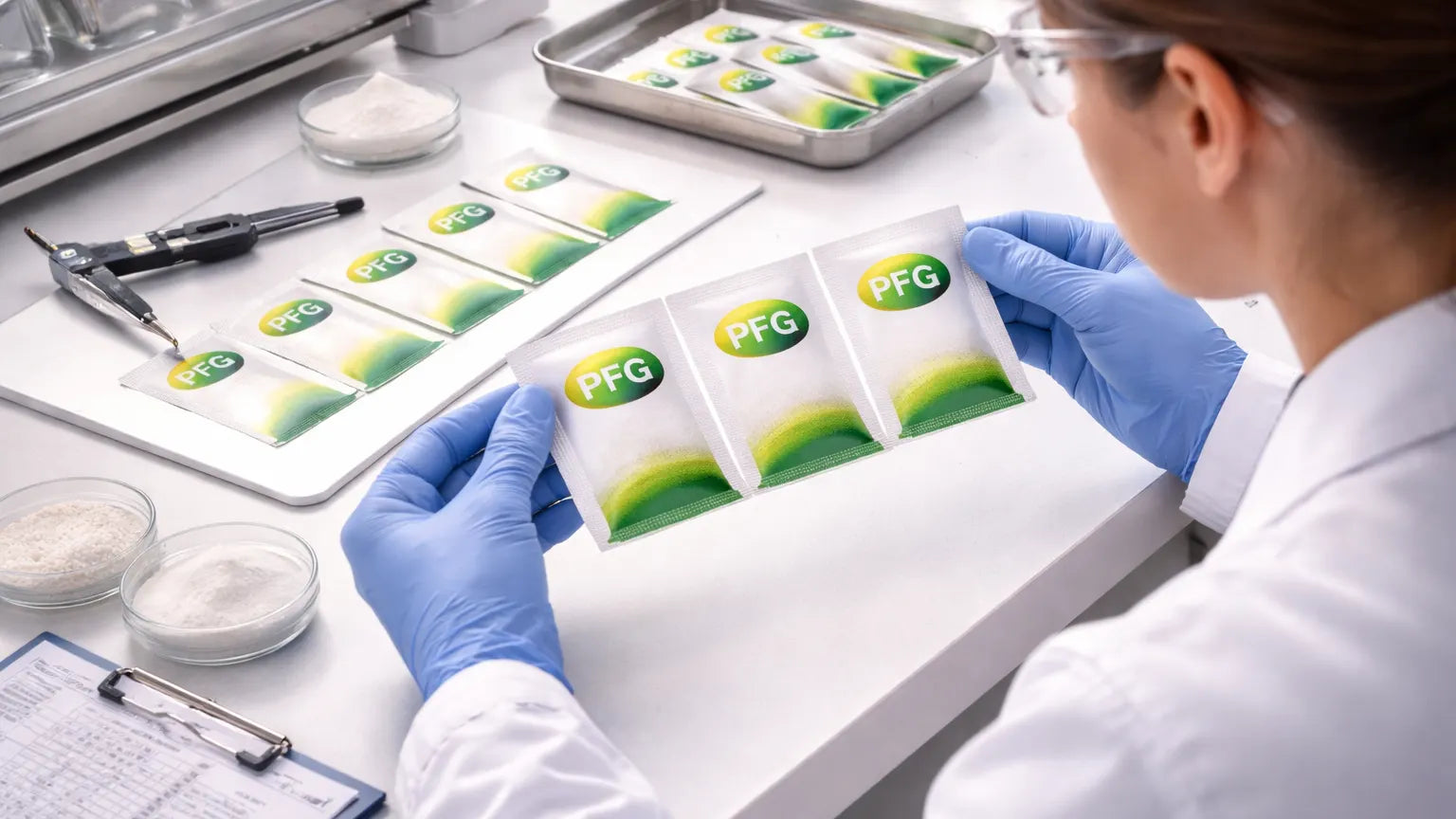 Technician in a lab setting examining connected Pro Foods Group packet strips on a clean workstation with measurement tools and samples, representing precision inspection and manufacturing quality control