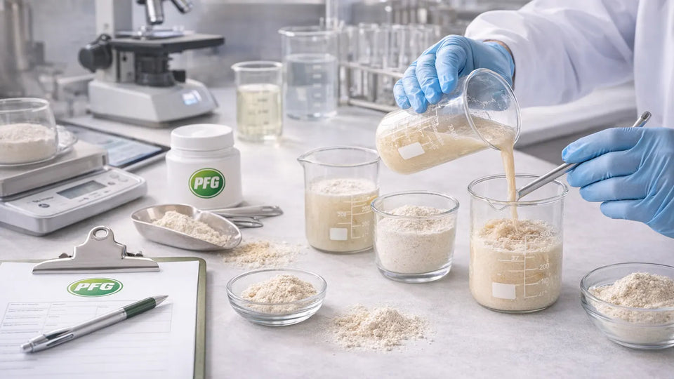 Food scientist reformulating powdered ingredients in a lab with measuring tools, glass beakers, and PFG-branded materials, representing Red 3 removal and alternative ingredient development