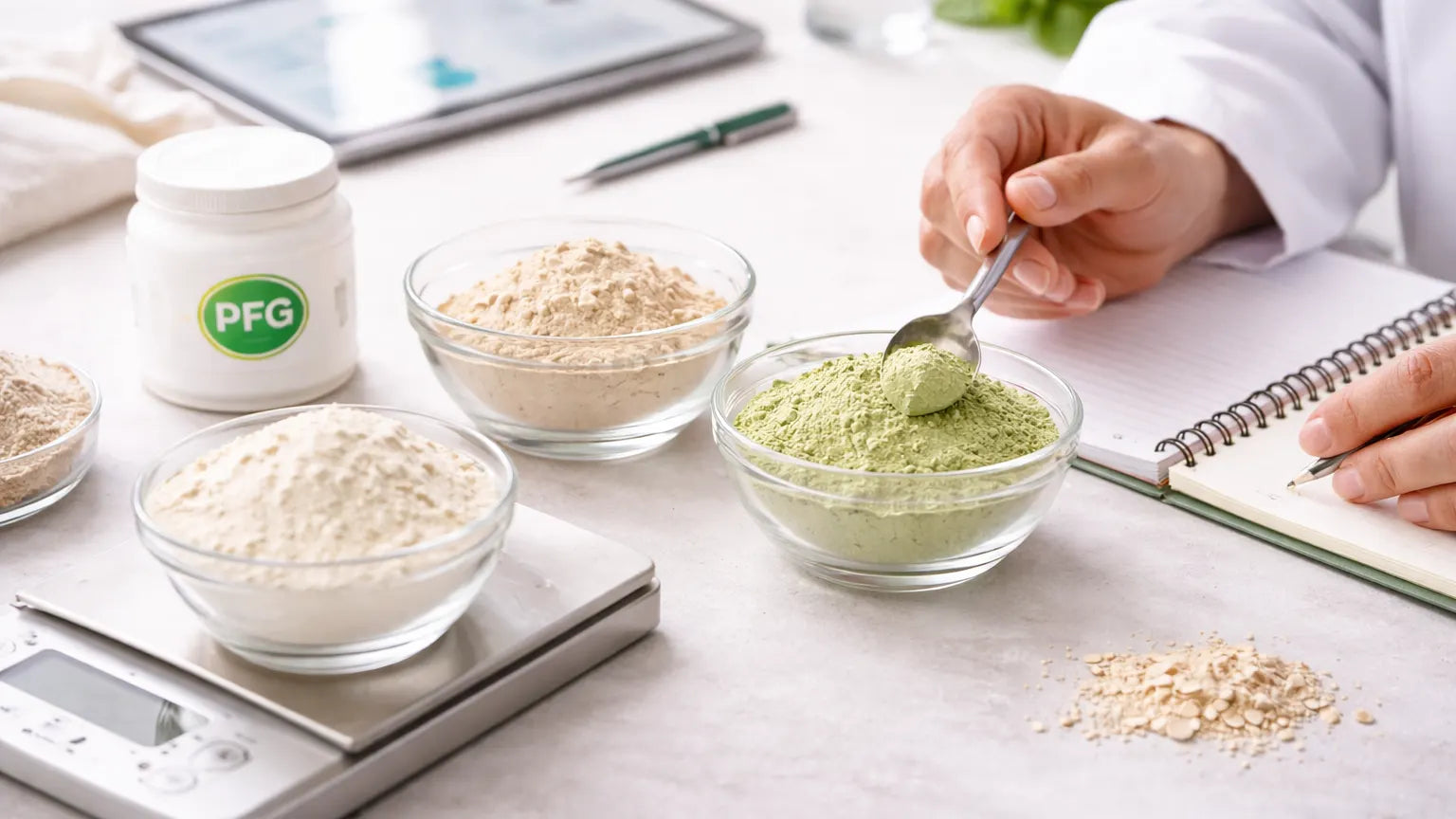 Hands testing and adjusting powdered ingredients on a workspace with notes and tools, representing Red 3 removal and product reformulation support with subtle PFG branding