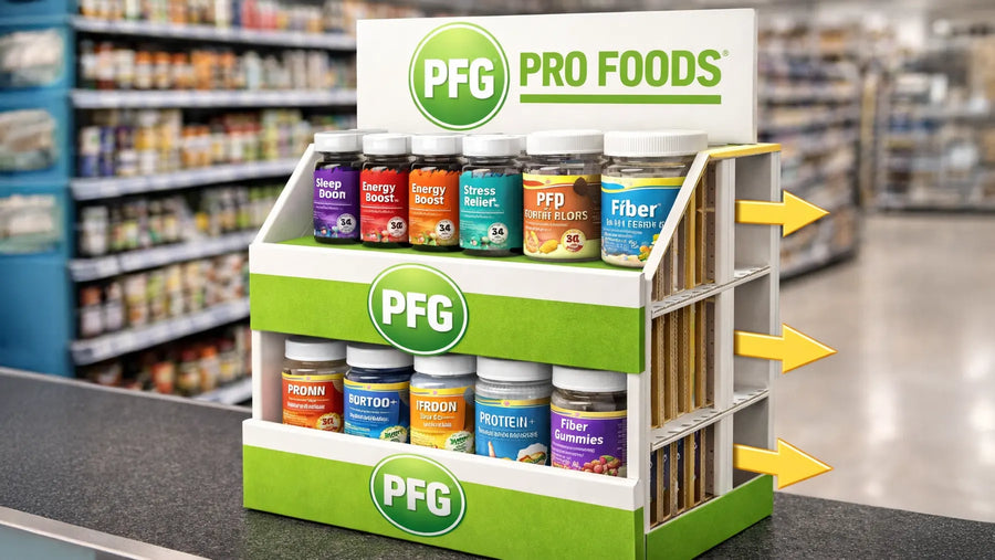 Custom point-of-sale display featuring assorted bottled and jarred products arranged on sturdy reinforced shelves, highlighting structural support and stability in a retail environment