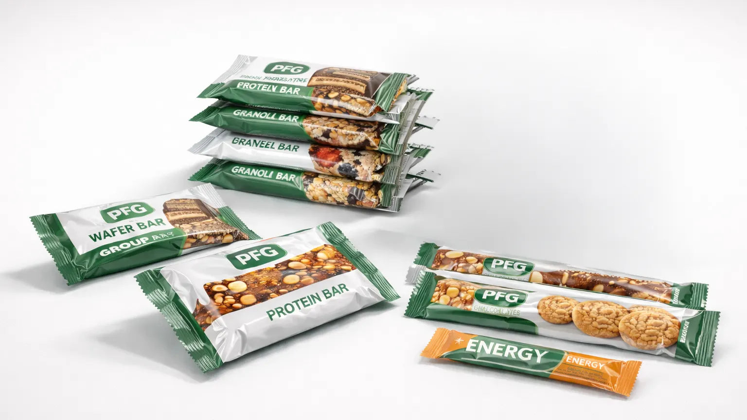 Assortment of flow-wrapped granola bars, protein bars, wafer bars, and stick packs in branded packaging, showcasing horizontal form fill seal retail-ready products