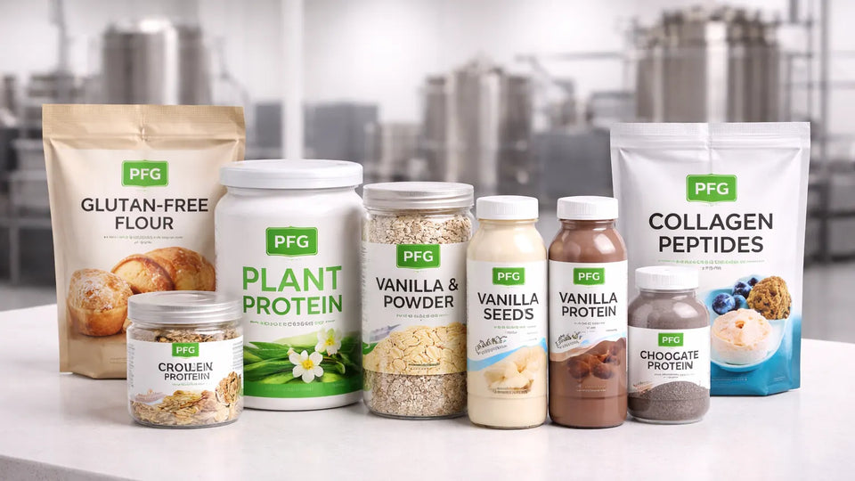 Assorted packaged powder products including jars, bottles, and pouches arranged in a clean production environment, showcasing uniform, retail-ready presentation and consistent branding