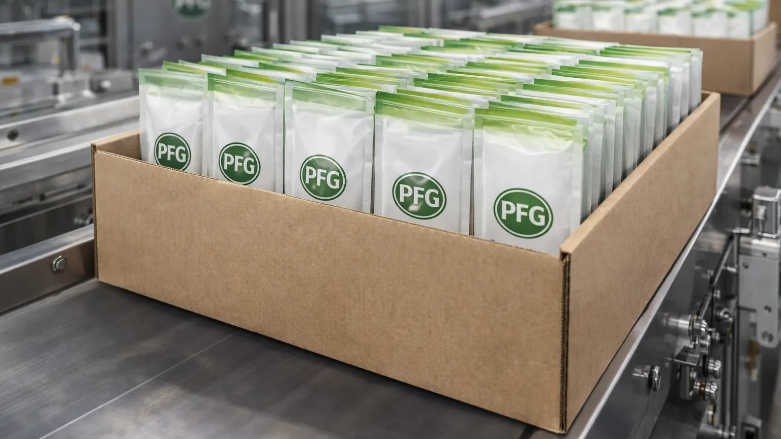 Wide rectangular sachets neatly arranged in a cardboard tray on a conveyor line in a clean manufacturing facility, showing retail-ready packaging with subtle PFG branding