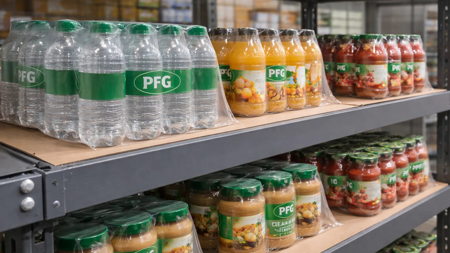 Assorted PFG products including bottled beverages, jars, and sauces grouped in tight shrink-wrapped multipacks on warehouse shelving with clear, glossy film finish