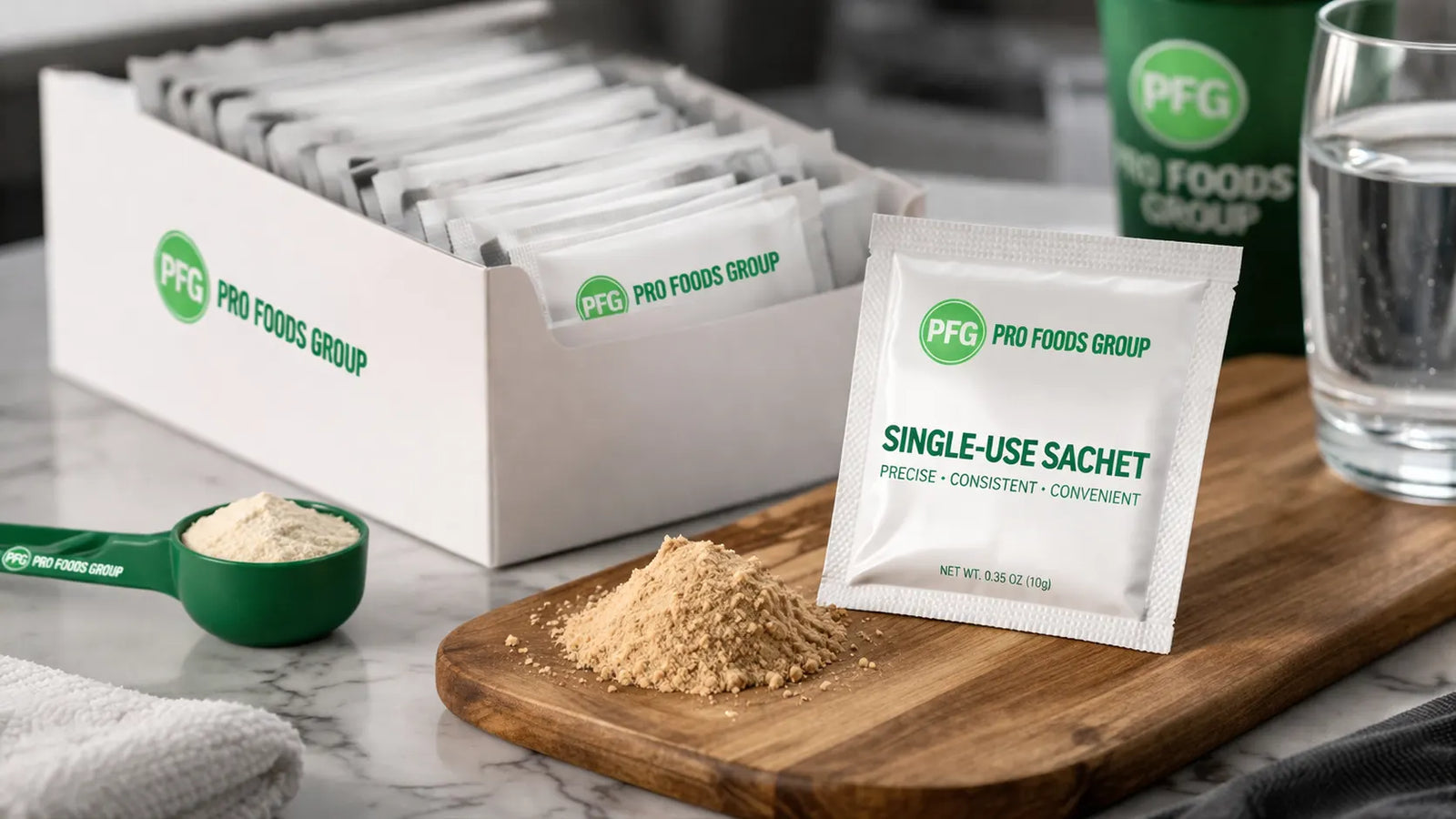 Single-use sachet packet with Pro Foods Group branding displayed on a wooden board with measured powder, alongside a retail-ready display box of sachets in a clean, modern setting