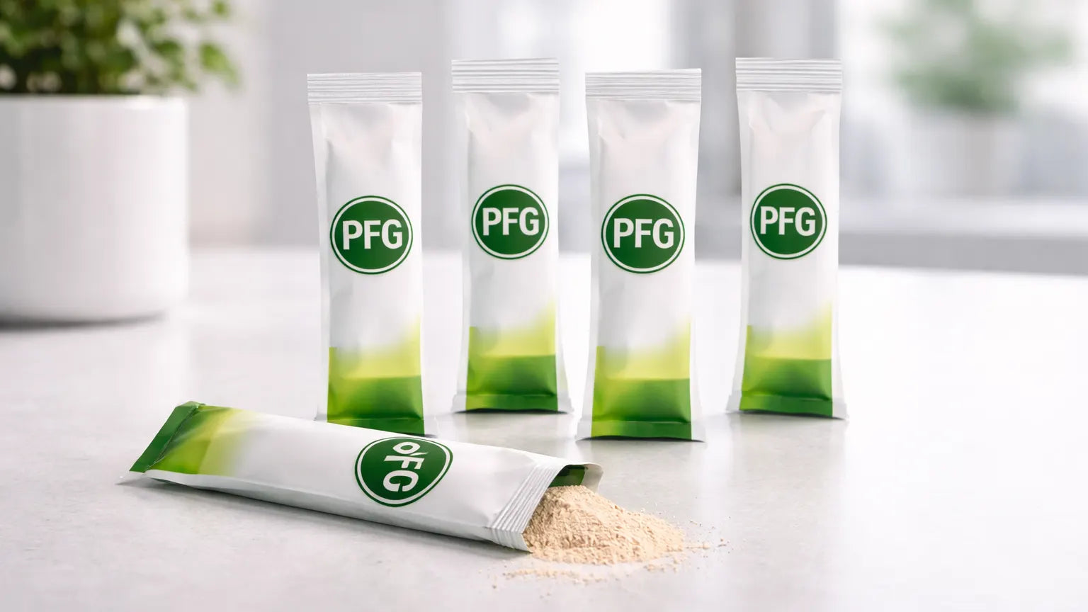 Standalone stick packs arranged on a clean surface with one opened to show fine powder, highlighting single-serve packaging format with subtle PFG branding