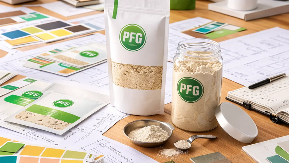 PFG-branded powder pouch and jar surrounded by packaging dielines, material samples, and design mockups on a clean workspace