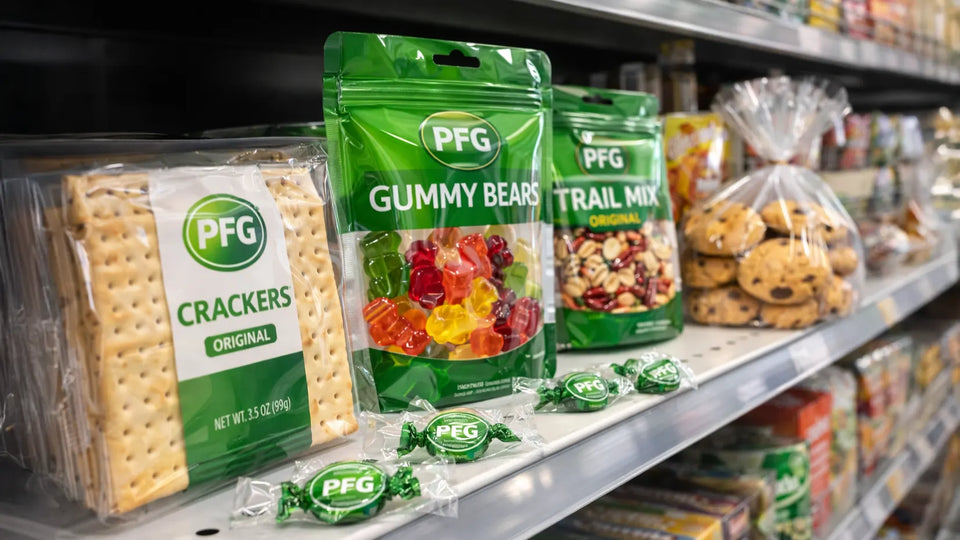 PFG snack products displayed on a retail shelf in glossy BOPP packaging including crackers, gummy candies, trail mix, and baked goods with clear, high-shine film finish