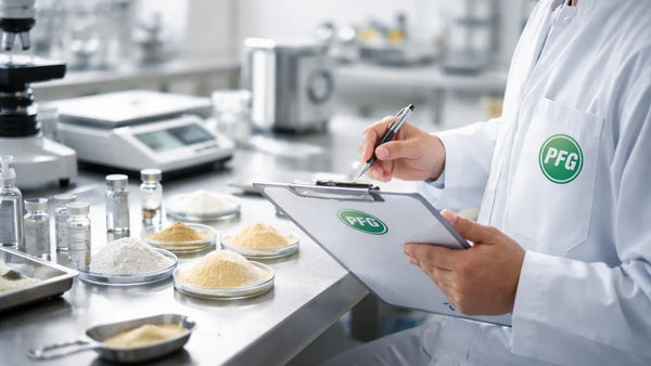 Lab technician performing precision testing on powdered food ingredients in a sterile quality control laboratory with PFG branding visible