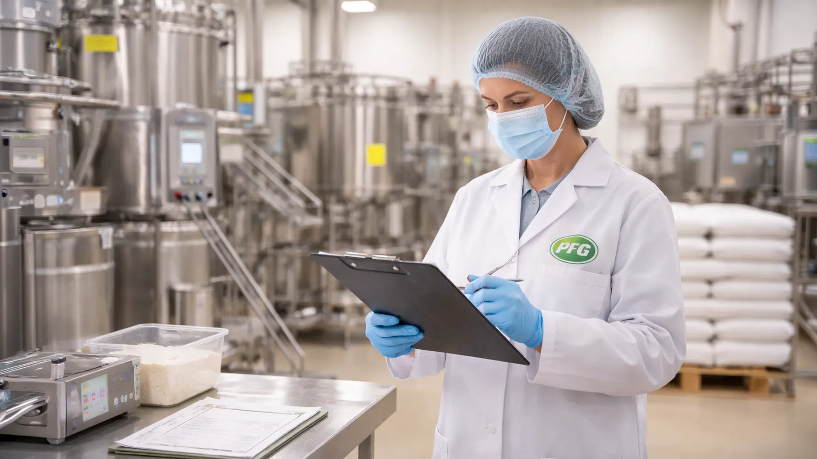 Quality assurance technician reviewing production documentation on a manufacturing floor with stainless steel equipment and powder ingredients, representing SQF Level 3 certified processes