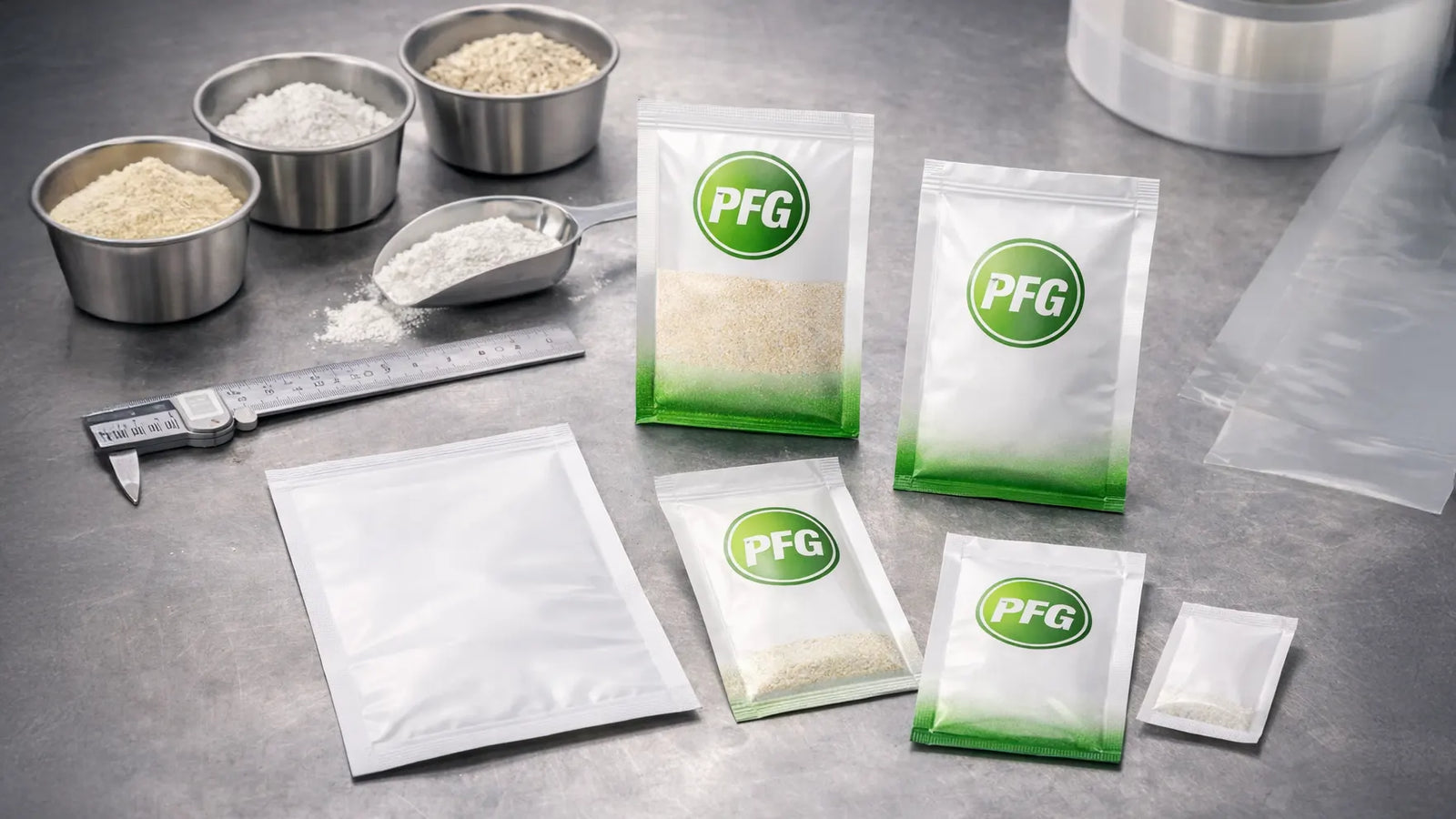 Multiple Pro Foods Group sachet formats displayed on a stainless steel workbench with different sizes, seal styles, and powder types, alongside measuring tools and packaging film in a clean lab setting