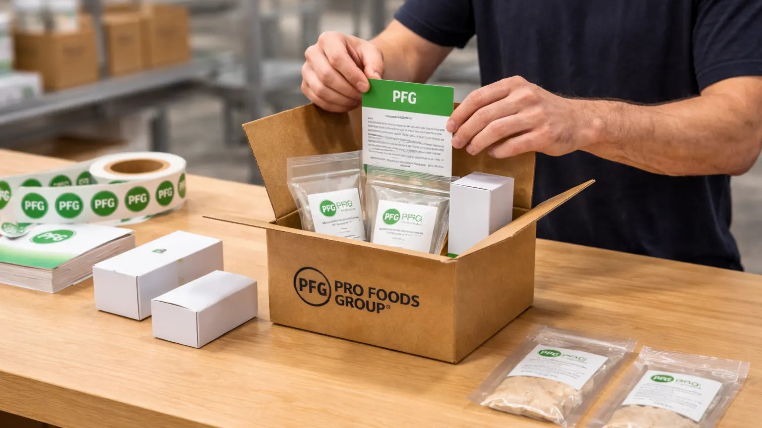 Worker assembling a product sampling kit with small pouches, cartons, and containers placed inside a corrugated box featuring a black printed Pro Foods Group logo on a clean packaging workstation