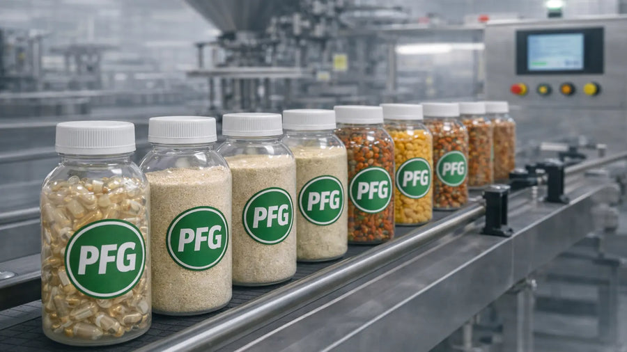 Multiple plastic bottles filled with capsules, powders, and blends moving along automated packaging line demonstrating high-volume production capability