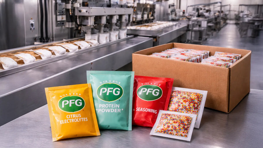 Side seal pouches filled with dry products displayed in front of an active production line and bulk-packed boxes, illustrating scalable packaging solutions from small batches to high-volume manufacturing.