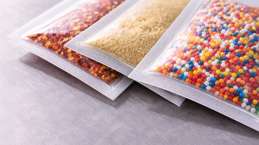 Close-up of side seal pouches filled with powders and granules, highlighting tightly sealed edges that protect freshness and prevent leaks during storage and distribution.