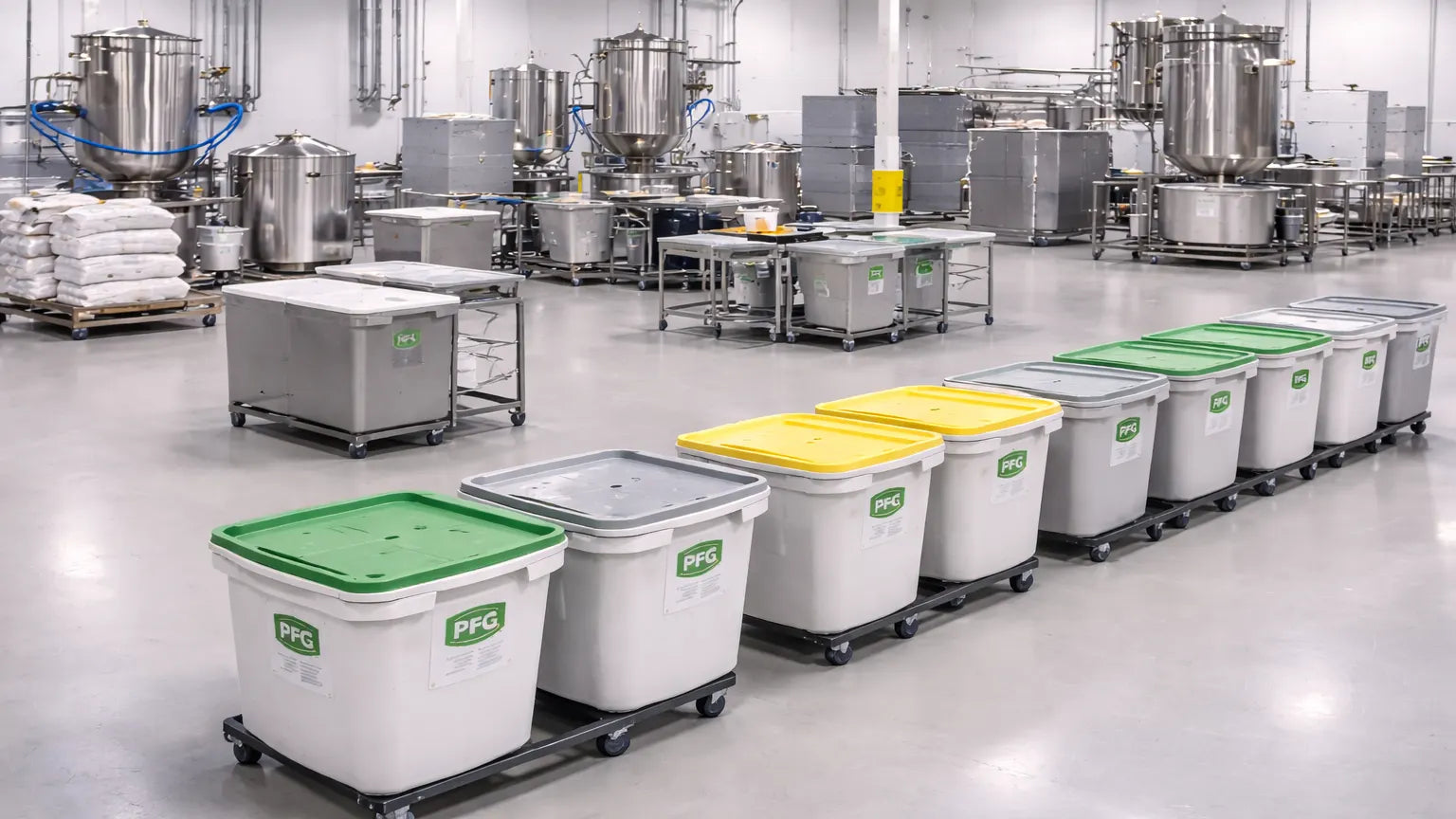 Wide view of a clean food manufacturing facility with separated production areas, stainless steel equipment, and organized ingredient bins arranged to maintain controlled and compliant workflows