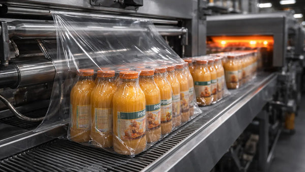 Bottled products moving along a conveyor as clear shrink film is applied and fed into a heat tunnel during the packaging process