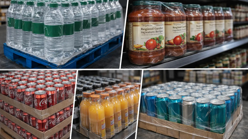 Assorted beverage bottles, soda cans, and jarred food products tightly sealed in clear shrink wrap on trays and pallets in a warehouse setting