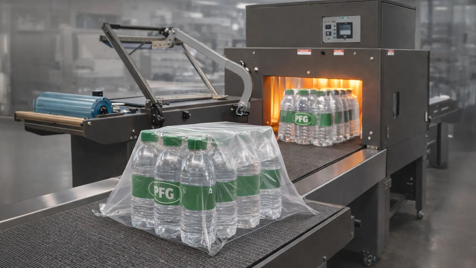 Multipack bottled products wrapped in shrink film with visible sealing flap entering a heat tunnel on a conveyor in a clean industrial packaging environment