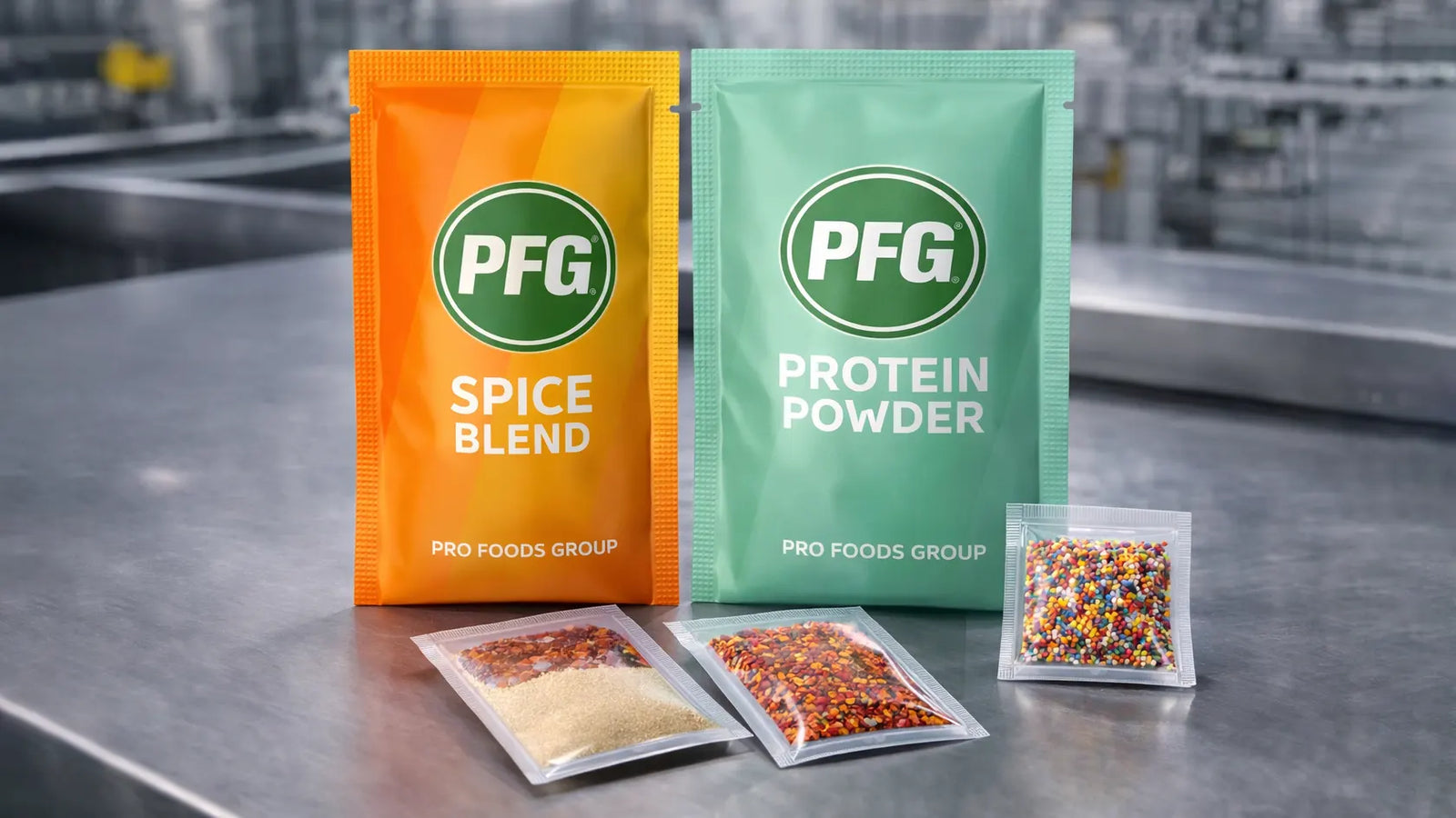 Two Pro Foods Group side seal pouches for spice blend and protein powder displayed on a stainless steel production surface, with smaller filled sachets in front and a blurred manufacturing line in the background.
