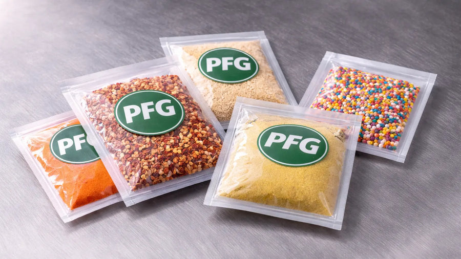 Clear side seal sachets filled with spices, powders, and colorful sprinkles arranged on a stainless steel surface, showcasing compact and lightweight packaging for dry goods.