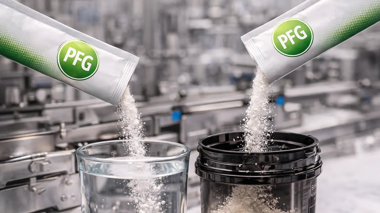 Two slim Pro Foods Group stick packs pouring powder into a glass of water and a shaker container, demonstrating easy single-serve use and precise portion delivery